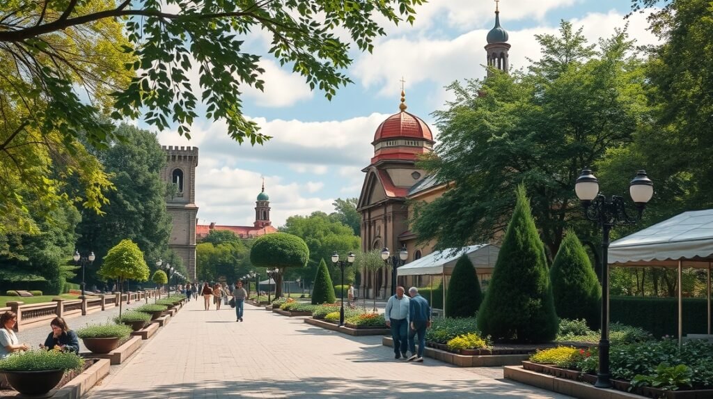 Séta a Planty parkban Krakkóban, gyönyörű zöld környezetben.