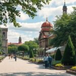 Séta a Planty parkban Krakkóban, gyönyörű zöld környezetben.