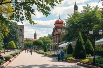 Séta a Planty parkban Krakkóban, gyönyörű zöld környezetben.