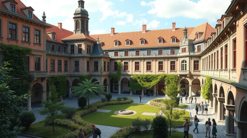 Collegium Maius udvara Krakkóban, középkori építészet és zöld területek.