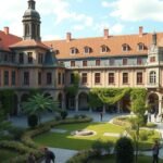 Collegium Maius udvara Krakkóban, középkori építészet és zöld területek.