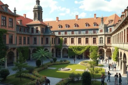Collegium Maius udvara Krakkóban, középkori építészet és zöld területek.