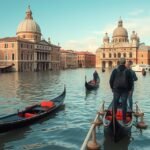 Velence városának ikonikus jelenete áradások idején, gőzöskék és gondolák a vízen.