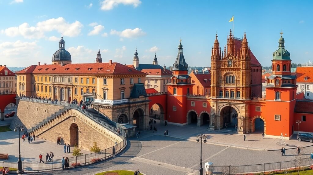 Krakkó Barbakán erődítménye és Flórián-kapu látképe