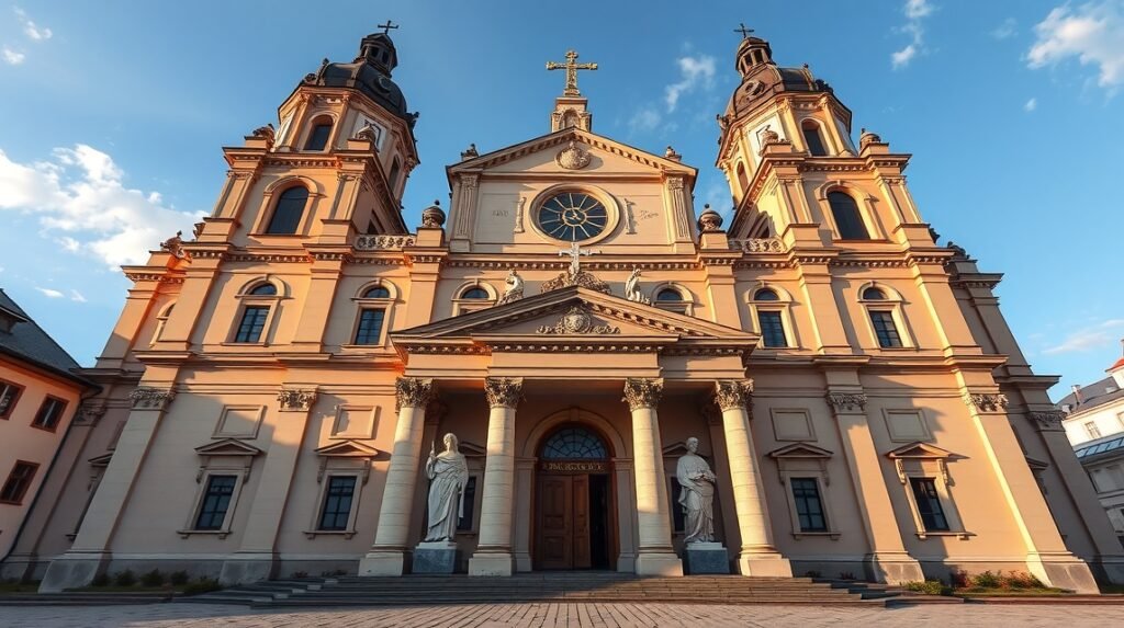 A Szent Péter és Pál-templom barokk homlokzata Krakkóban.