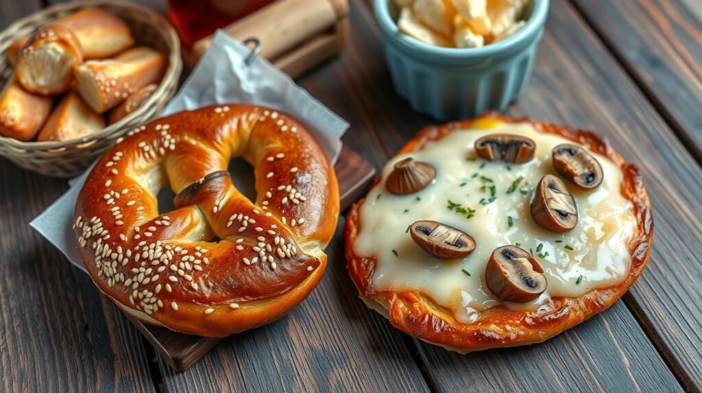 Friss obwarzanek és zapiekanka Krakkóból, szezámmal és gombával.