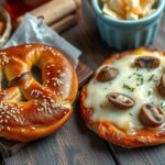 Friss obwarzanek és zapiekanka Krakkóból, szezámmal és gombával.