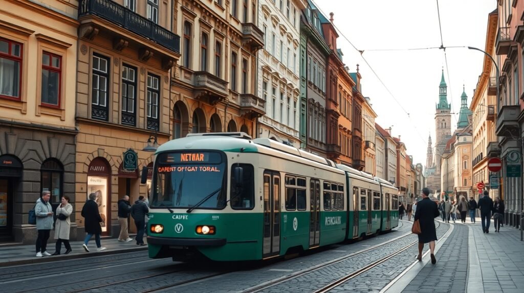 Krakkó nosztalgikus villamos a bájos óvárosi utcában.