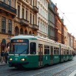 Krakkó nosztalgikus villamos a bájos óvárosi utcában.