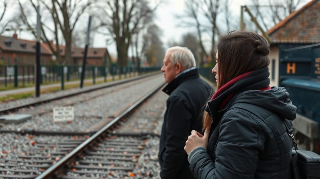 Látogatók az Auschwitz-Birkenau emlékhely vasútjánál.