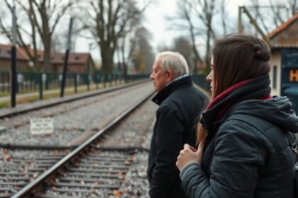 Látogatók az Auschwitz-Birkenau emlékhely vasútjánál.