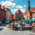 Gdański Neptun-kút a Hosszú Piac szívében, gyönyörű épületek között.