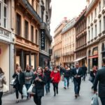 Milánói vásárlás különböző divatüzleteknél leárazások idején.