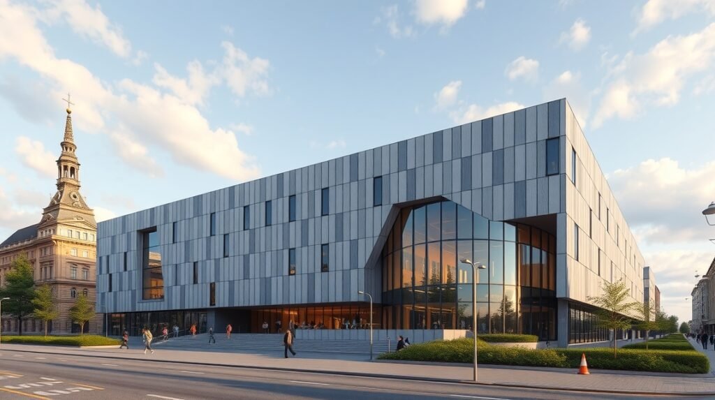 Gdański II. világháborús múzeum modern épülete és környezete