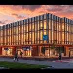 Az Európai Szolidaritás Központ Gdańskban, gyönyörű naplementében.