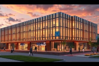 Az Európai Szolidaritás Központ Gdańskban, gyönyörű naplementében.