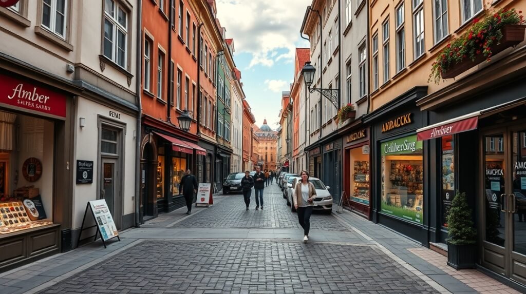 Séta a Mariacka utcán Gdańskban, gyönyörű borostyánüzletekkel.