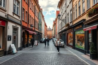 Séta a Mariacka utcán Gdańskban, gyönyörű borostyánüzletekkel.