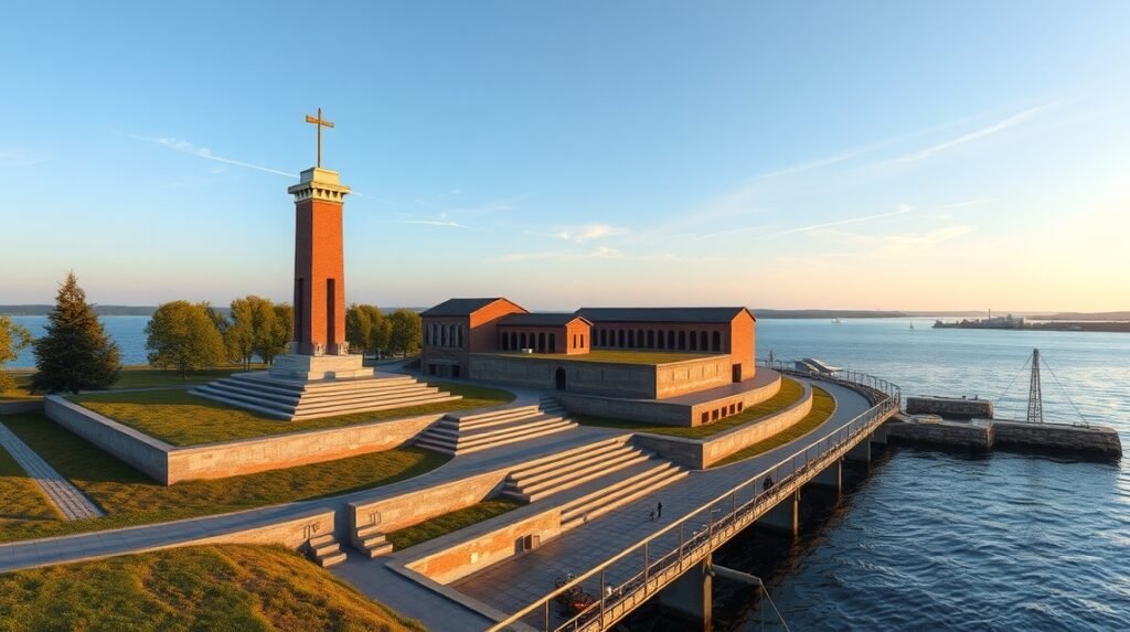 Westerplatte emlékmű Gdańskban, tengerre néző kilátással.
