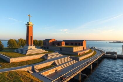 Westerplatte emlékmű Gdańskban, tengerre néző kilátással.