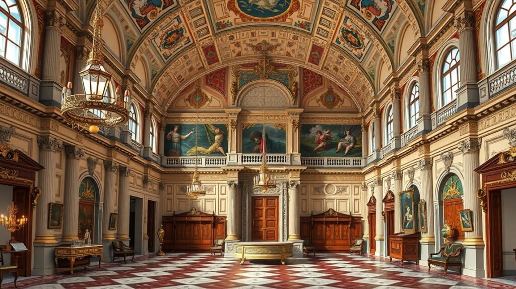 Gdański Artus-udvar díszes belső tere, festett mennyezettel és stukkókkal.