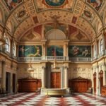 Gdański Artus-udvar díszes belső tere, festett mennyezettel és stukkókkal.