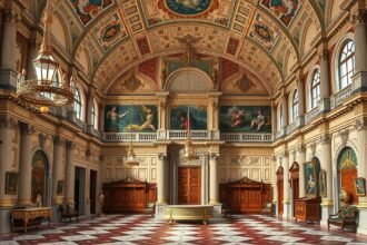 Gdański Artus-udvar díszes belső tere, festett mennyezettel és stukkókkal.