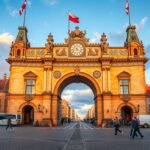 A Zöld kapu Gdańskban a Királyi út végén, gyönyörű naplementében.