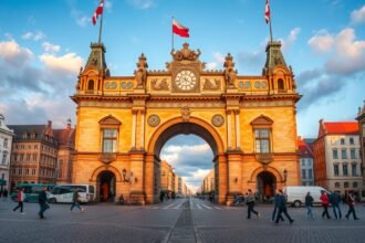 A Zöld kapu Gdańskban a Királyi út végén, gyönyörű naplementében.