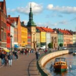 Séta a Motława folyó rakpartján Gdańskban, színes házak mellett.