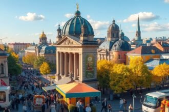 Berlin városkép őszi időjárásban, zsúfolt sétálóutcával és épületekkel.