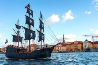 Fekete Gyöngy kalózhajó a Gdański kikötőben hajókirándulás közben.