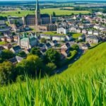 Kiváló kilátás a zöld fű és a város mögött.