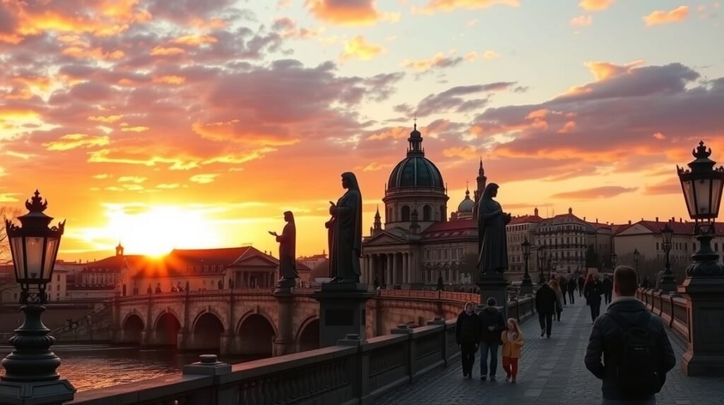 A Károly híd szentjei naplementében, Prágában