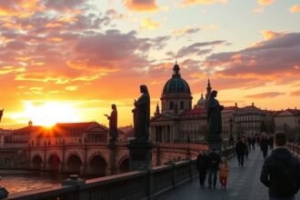 A Károly híd szentjei naplementében, Prágában