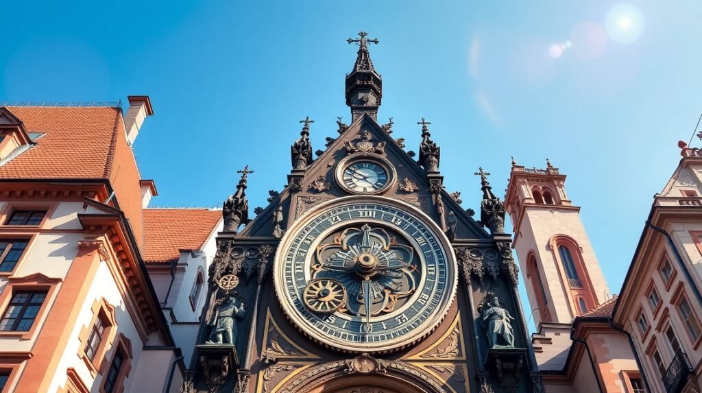 Prága Orloj csillagászati óra részlet napfényben.