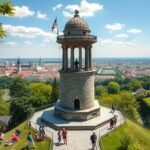 Panoráma Prágáról a Petřín-kilátóból a Vltava mentén