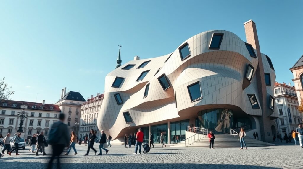 Prága modern ikonja, a Táncoló ház varázslatos kilátással