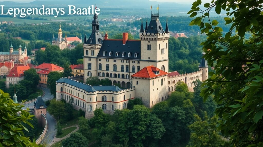 Vyšehrad vára panorámája Prágából, közel a zöld területekhez.