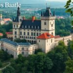 Vyšehrad vára panorámája Prágából, közel a zöld területekhez.