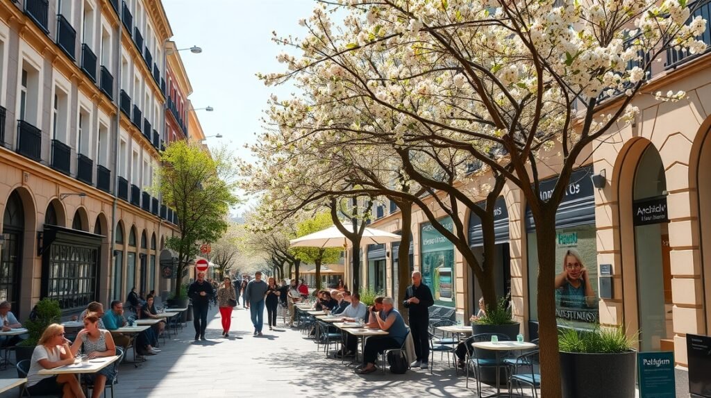 Tavaszi utcai jelenet Madridban virágzó fákkal és éttermekkel.