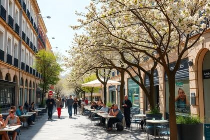 Tavaszi utcai jelenet Madridban virágzó fákkal és éttermekkel.
