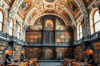 A Strahov-kolostor könyvtára barokk freskókkal és régiségekkel.