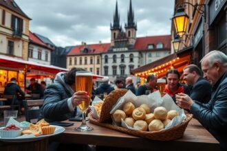 Egy prágai étterem kültéri terasza, sör és friss péksütemények