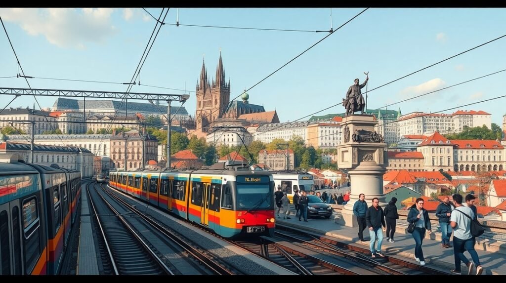 Prága siklója és városi közlekedés látképe