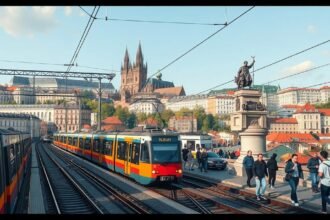 Prága siklója és városi közlekedés látképe