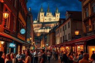 Prága éjszakai élet, kocsmák és a vár látképe.