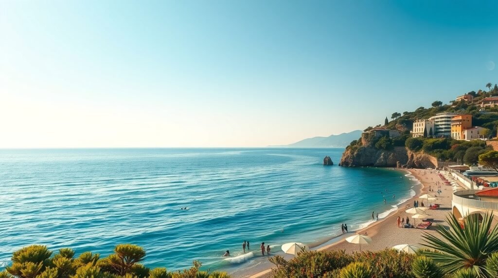 Tengerparti látkép Nápoly közelében, emberek a vízben és a fövenyen.