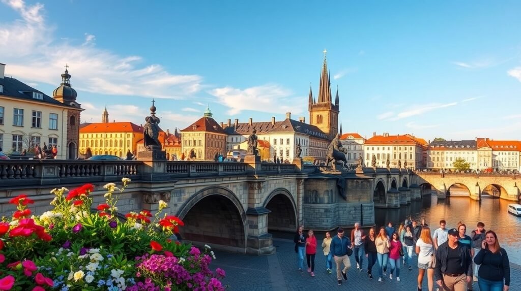 Prága híres hídja a város csodálatos építészetével és virágzó környezetével.