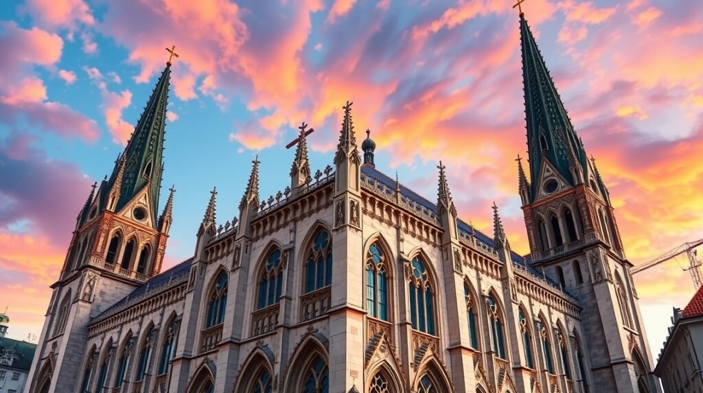 Szent Péter és Pál-katedrális gótikus tornyai Brnóban a naplementében.